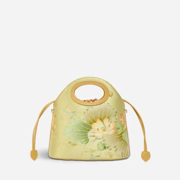 01_プリント_ジャカード_ロータス_グリーン_巾着_バケットバッグ_LD120670 01_Printed_Jacquard_Lotus_Green_Drawstring_Bucket_Bag_LD120670