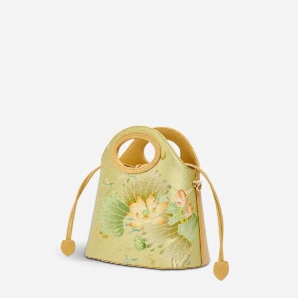02_プリント_ジャカード_ロータス_グリーン_巾着_バケットバッグ_LD120670 02_Printed_Jacquard_Lotus_Green_Drawstring_Bucket_Bag_LD120670