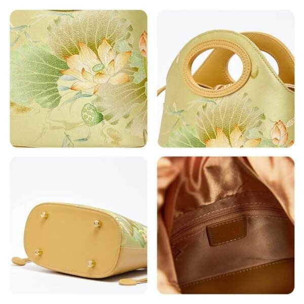 11_プリント_ジャカード_ロータス_グリーン_巾着_バケットバッグ_LD120670 11_Printed_Jacquard_Lotus_Green_Drawstring_Bucket_Bag_LD120670