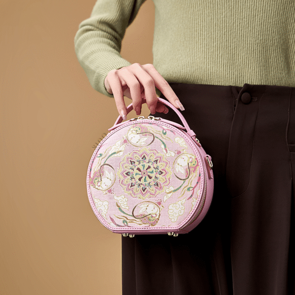 1_歌_ブロケード_ピンク_レトロ_ラウンド_バッグ_蓮_ラッキー_ウサギ柄_-中文 1_Song_Brocade_Pink_Retro_Round_Bag_Lotus_Lucky_Rabbit_Pattern_-_SinoCultural