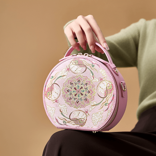2_歌_ブロケード_ピンク_レトロ_ラウンド_バッグ_蓮_ラッキー_ウサギ柄_-中文 2_Song_Brocade_Pink_Retro_Round_Bag_Lotus_Lucky_Rabbit_Pattern_-_SinoCultural