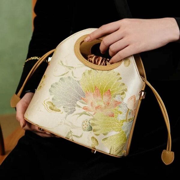 84_プリント_ジャカード_ロータス_カーキ_巾着_バケットバッグ_LD120670 84_Printed_Jacquard_Lotus_Khaki_Drawstring_Bucket_Bag_LD120670