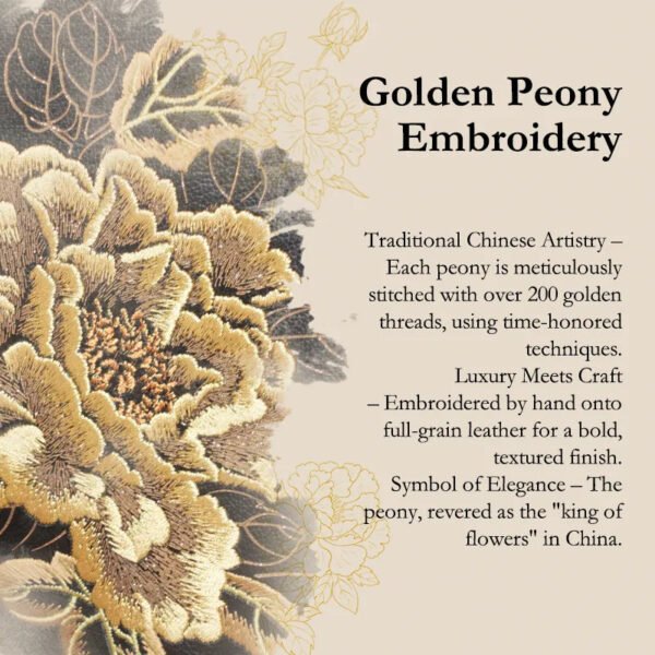 刺繍-レザー-ブラック-レディバッグ-ゴールド-牡丹-ディテール Embroidery-Leather-Black-Lady-Bag-Gold-Peony-Detail