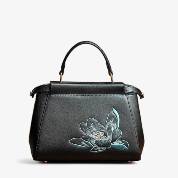 刺繍_レザー_黒_蓮_ハンドバッグ_-_中文-2470440 Embroidery_Leather_Black_Lotus_Handbag_-_SinoCultural-2470440