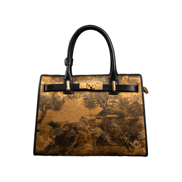 ハンドメイド_祥雲社_シルク_ブラック_レザー_ケリー_バッグ_中国_絵画_W4188-2 Handmade_Xiangyunsha_Silk_Black_Leather_Kelly_Bag_Chinese_Painting_W4188-2