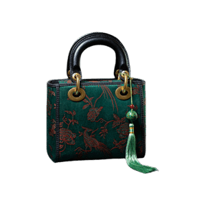 Xiangyunsha Silk Green Retro Cowhide Handbag with Pendant