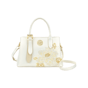 Embroidery Leather Tote Bag White Blooming Peony