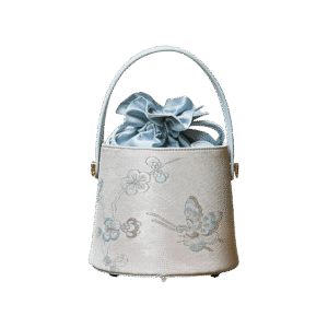 Brocade Jacquard Leather Drawstring Blue Butterfly Bucket Bag