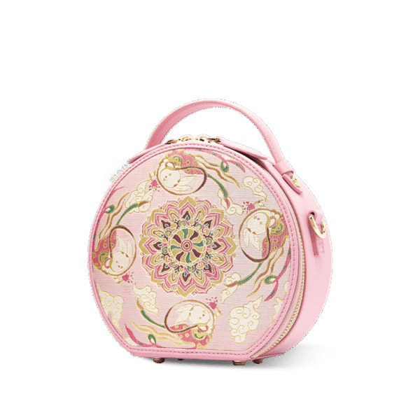 ソング_ブロケード_ピンク_レトロ_ラウンド_バッグ_ゴールデン_ロータス_ラッキー_ラビット_パターン_P12065502LP-1_2 Song_Brocade_Pink_Retro_Round_Bag_Golden_Lotus_Lucky_Rabbit_Pattern_P12065502LP-1_2