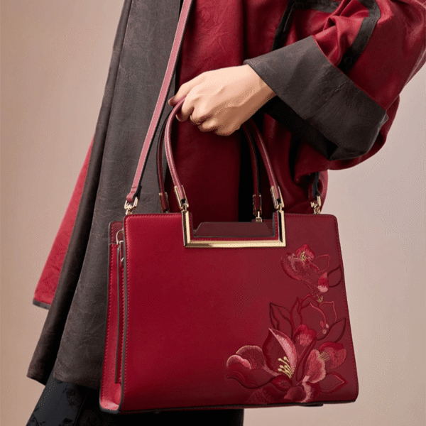 e8_新文化_刺繍_レザー_赤_トートバッグ_マグノリア_レディース_ハンドバッグ e8_Sinocultural_Embroidery_Leather_Red_Tote_Bag_Magnolia_Women_s_Handbag