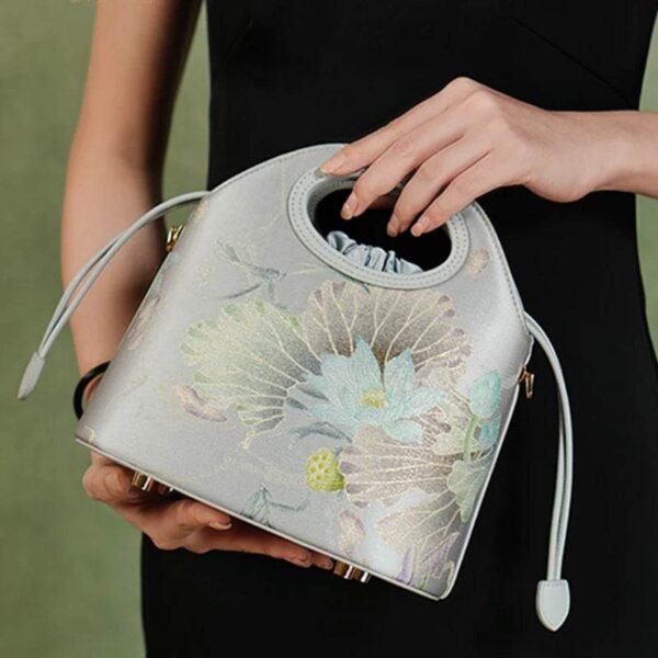 f_プリント_ジャカード_ロータス_グレー_巾着_バケットバッグ_LD120670 f_Printed_Jacquard_Lotus_Gray_Drawstring_Bucket_Bag_LD120670